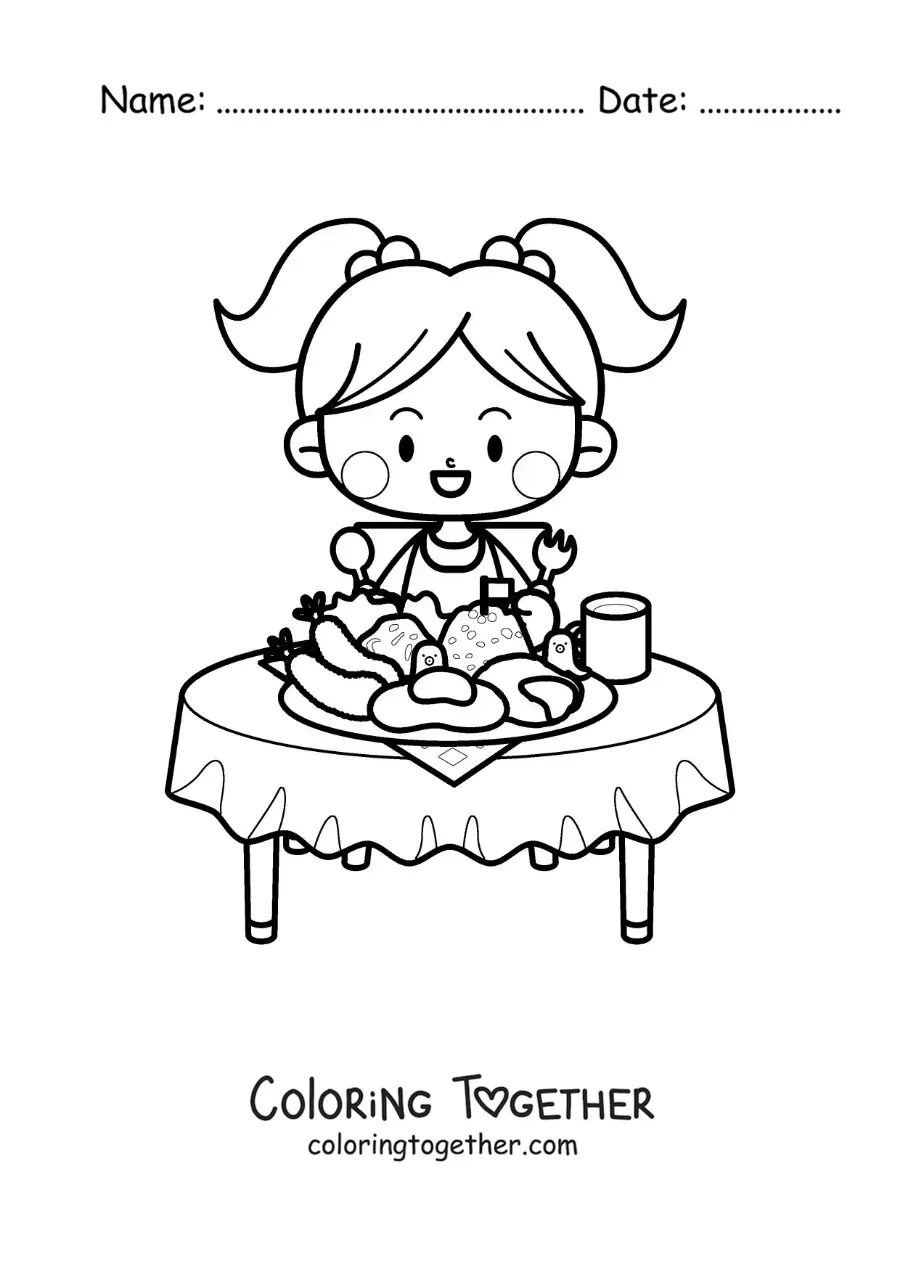 Coloring page of a kawaii girl sitting at the table with a plate of food
