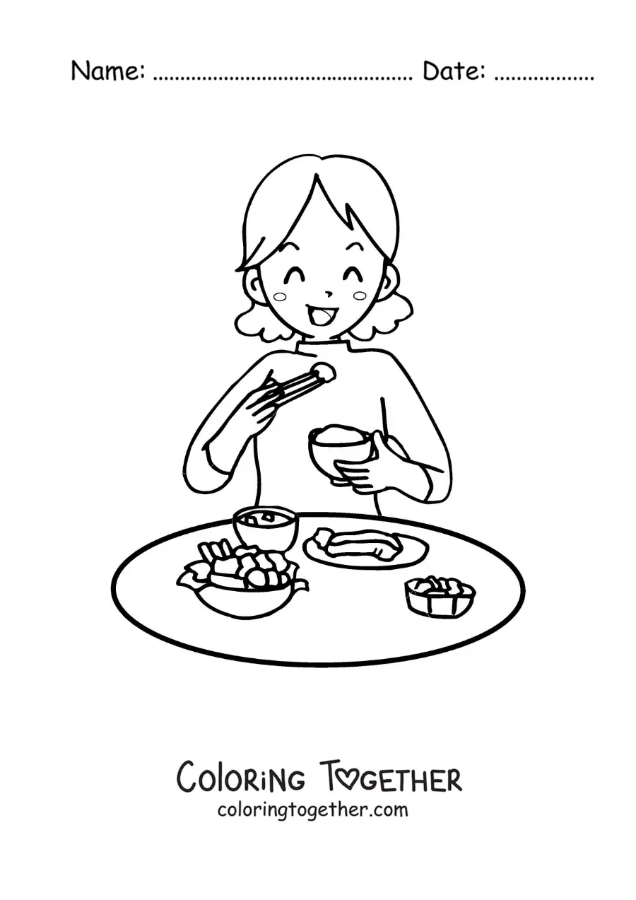 Coloring page of a woman eating lunch at the table