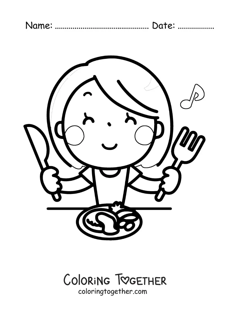 Coloring page of a kawaii woman eating at the table with cutlery