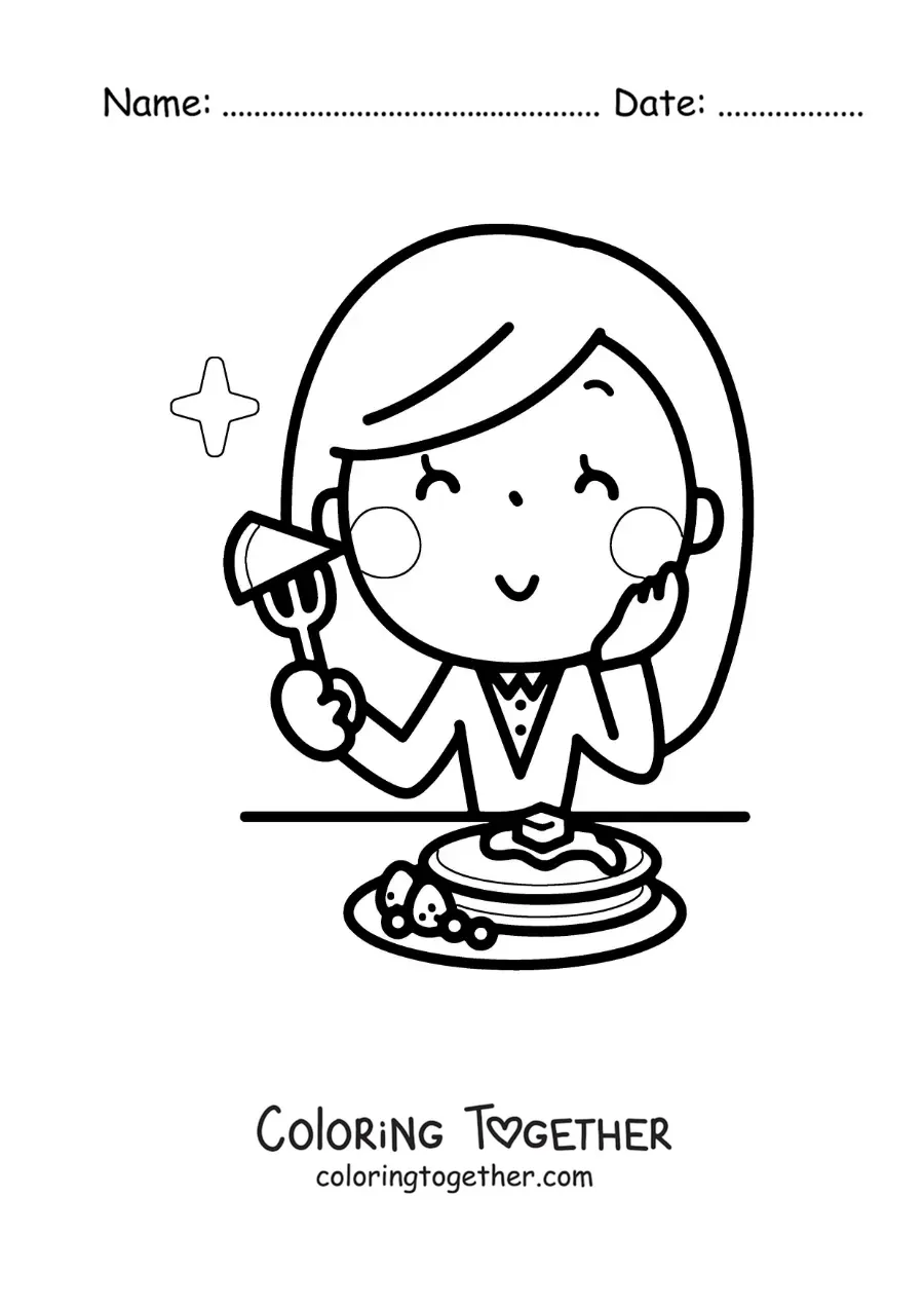 Coloring page of a kawaii woman eating pancakes for breakfast