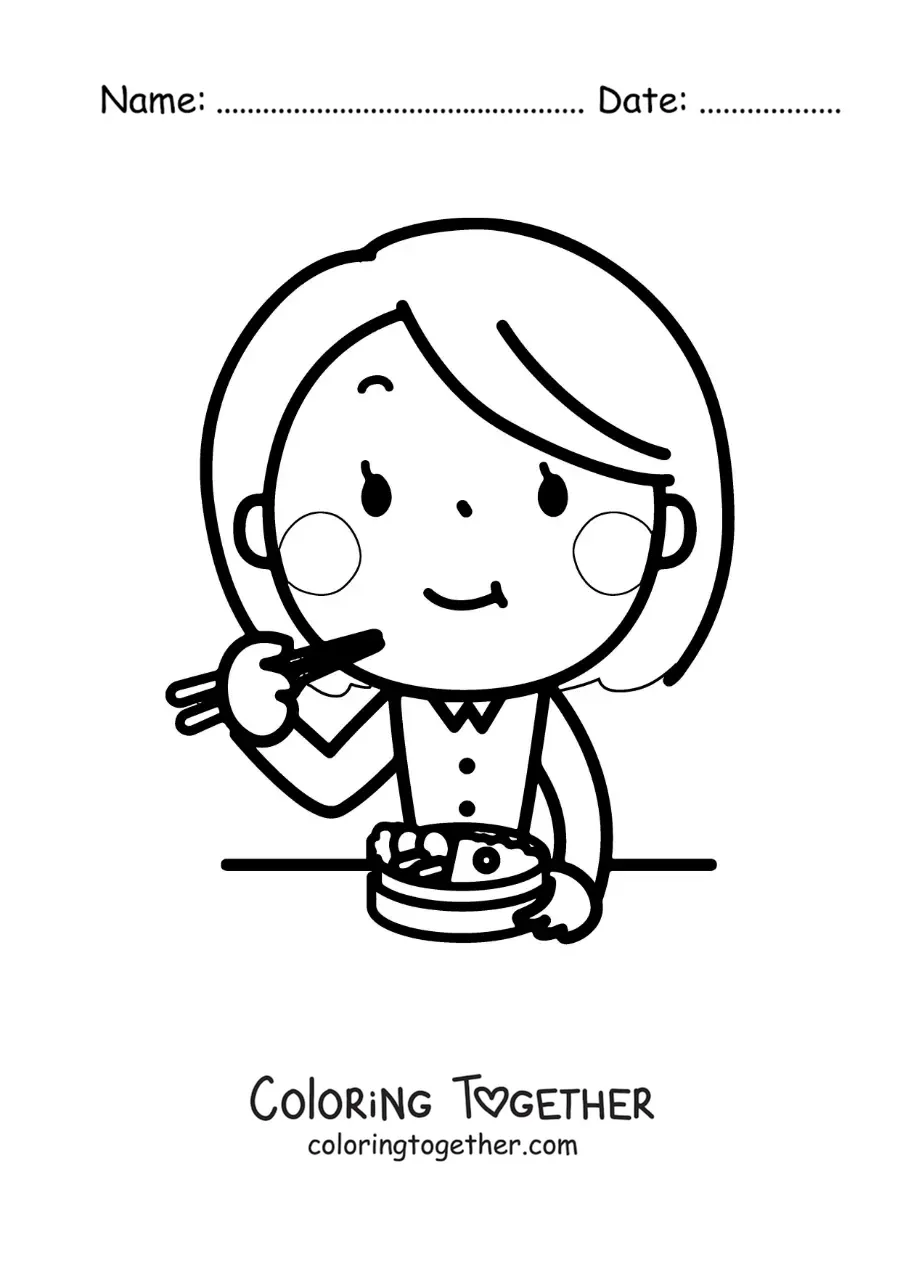 Coloring page of a kawaii woman eating with chopsticks