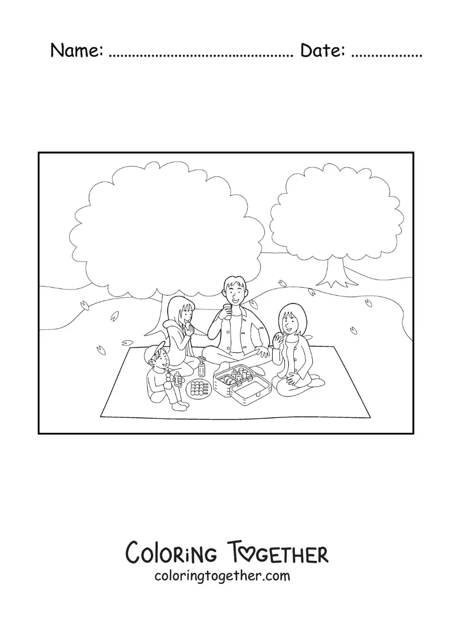 Coloring page of children and their parents eating together as a family at a picnic
