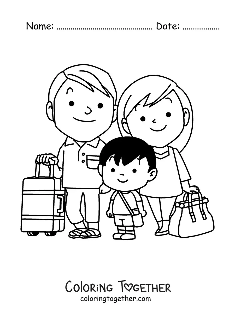 Coloring page of a nuclear family with travel luggage