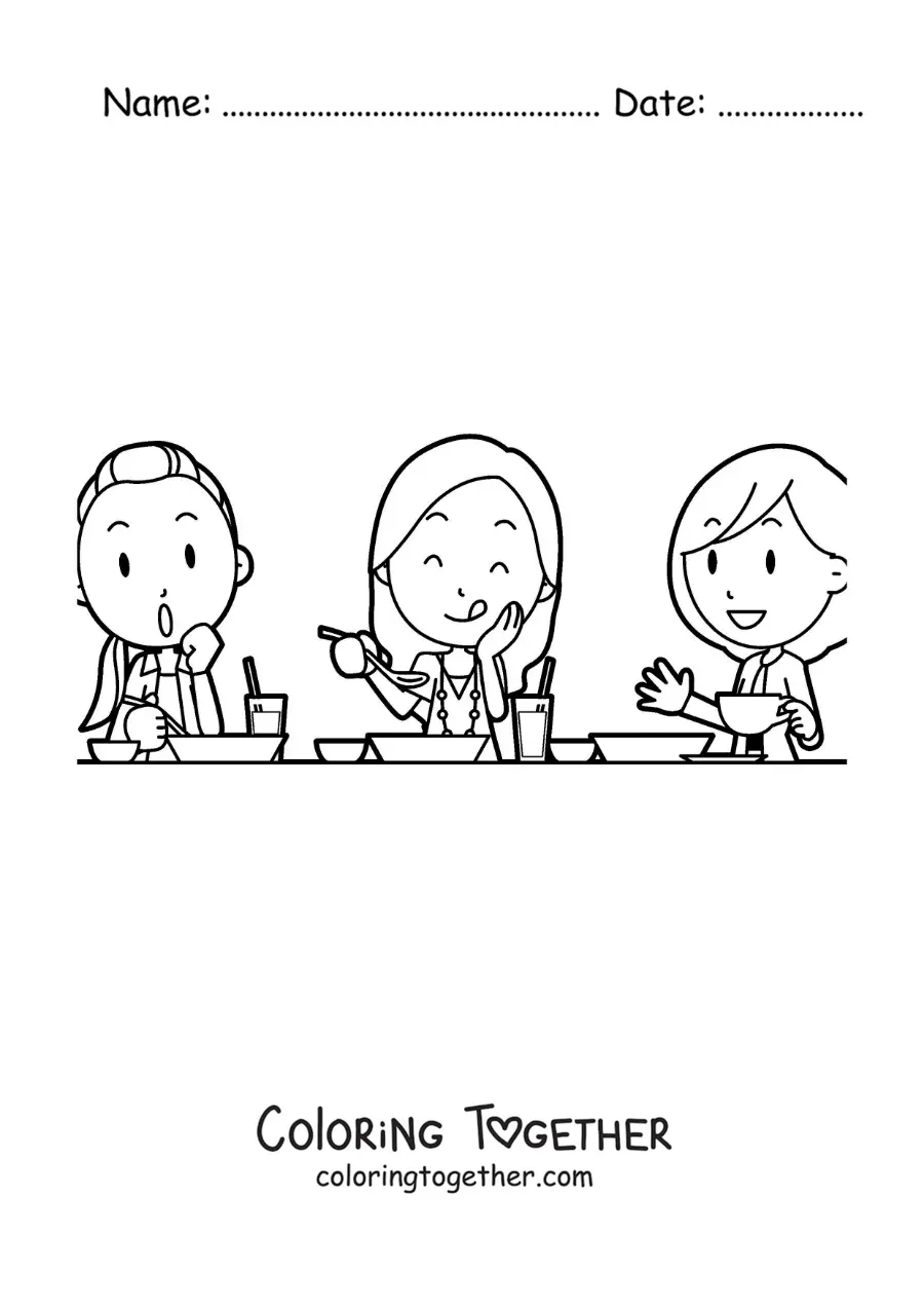 Coloring page of girl friends eating together
