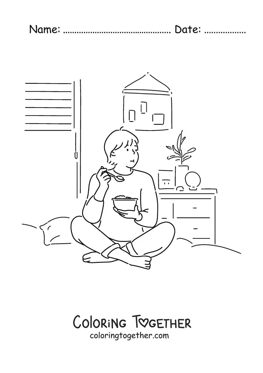 Coloring page of a boy eating while sitting on his bed