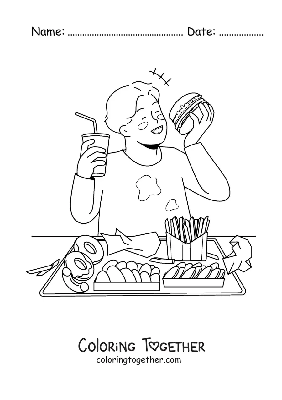 Coloring page of a boy eating junk food