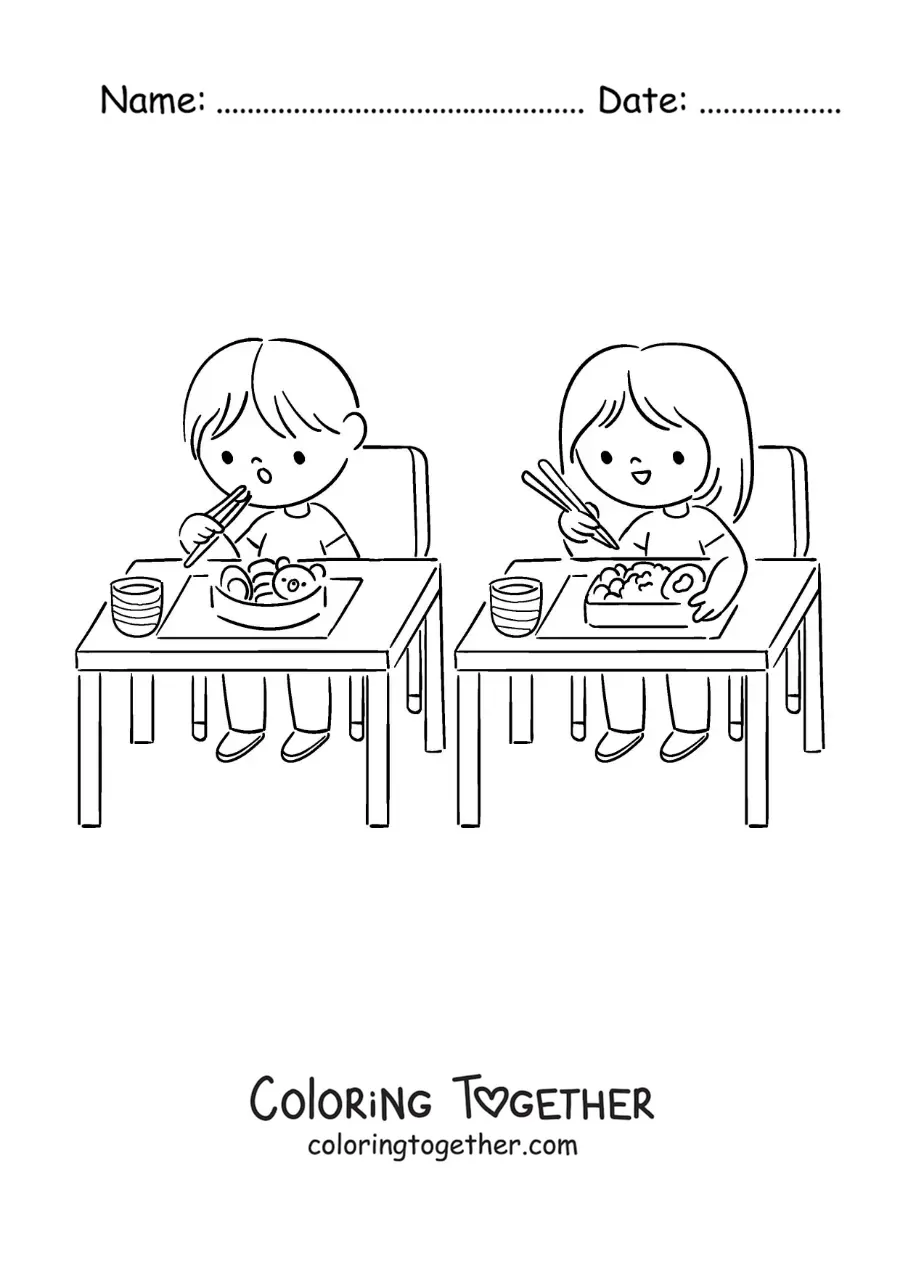 Coloring page of two kids eating lunch at school