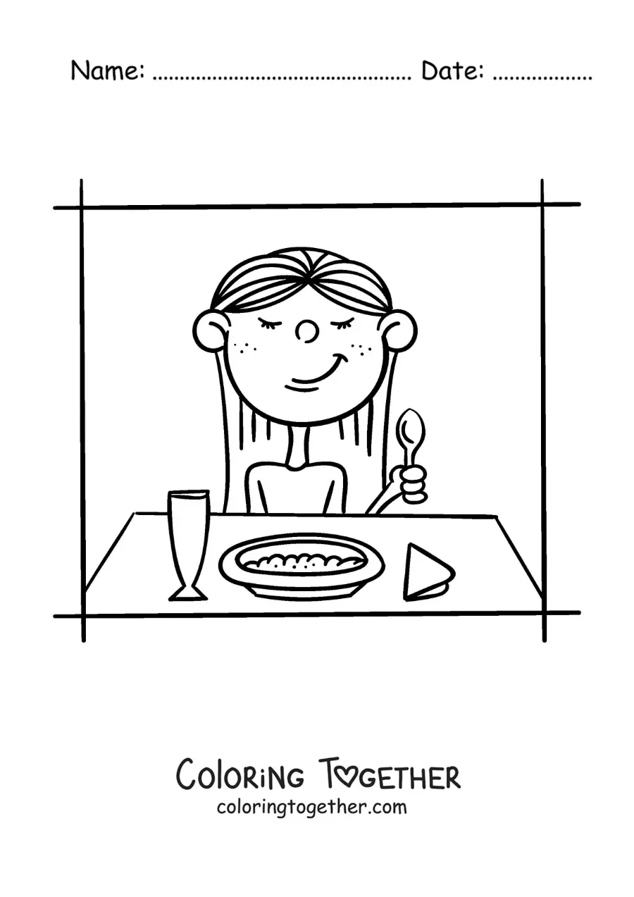 Coloring page of a girl having breakfast