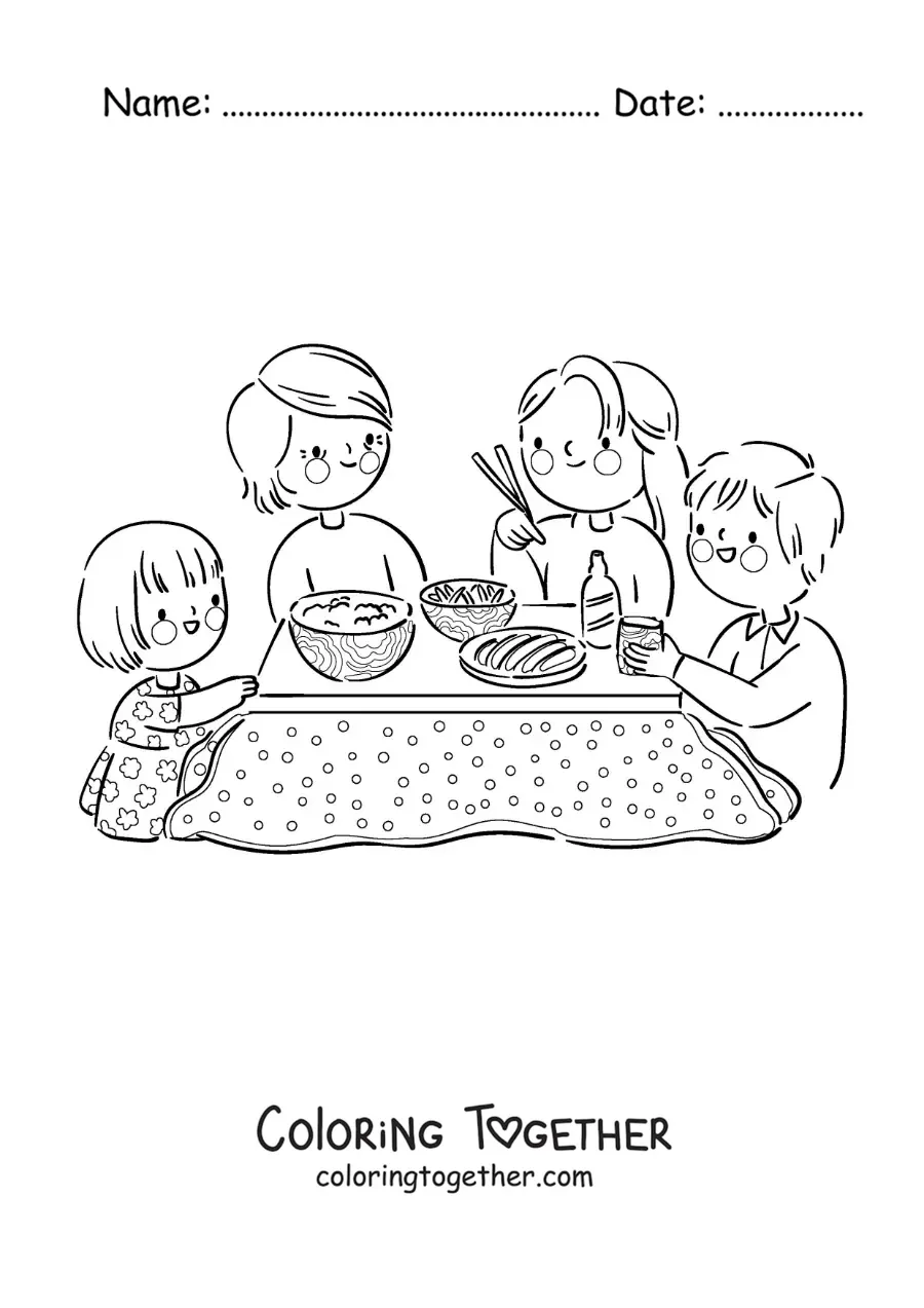 Coloring page of a family eating lunch together at the table