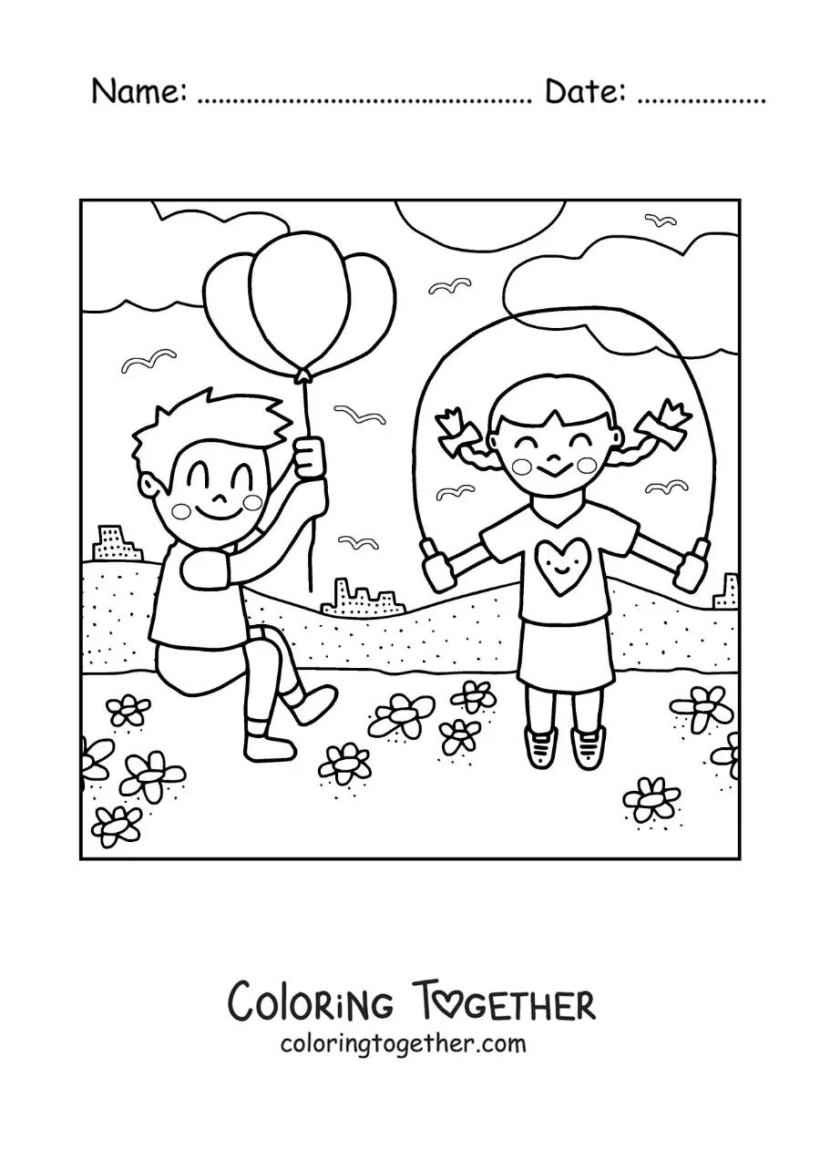 Coloring page of children playing in the park
