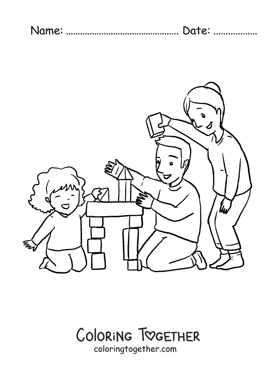 Coloring page of a girl playing with her parents