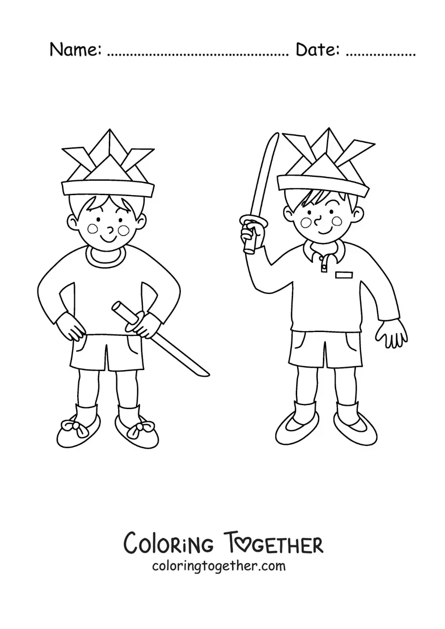 Coloring page of two friends playing superheroes