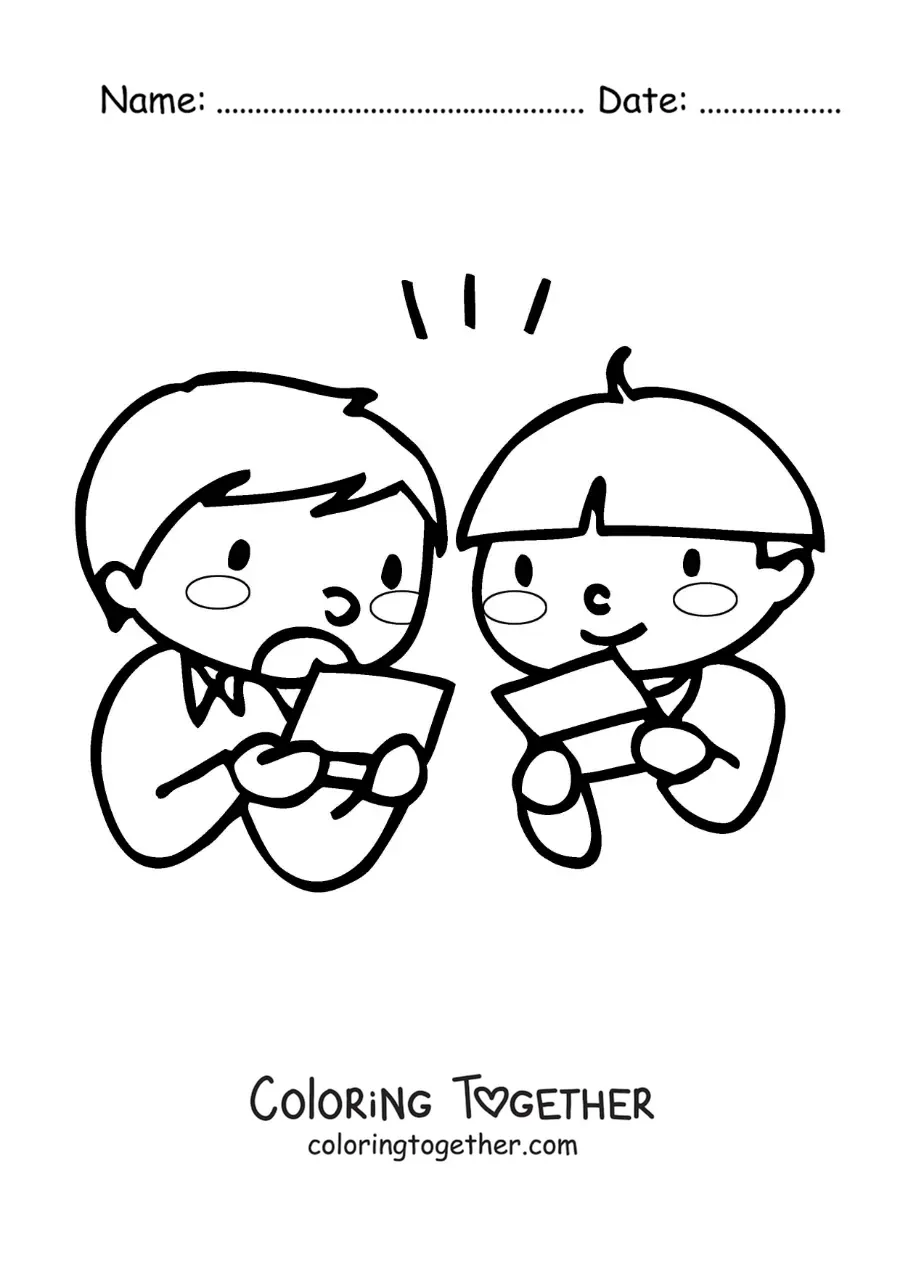 Coloring page of two kids playing video games