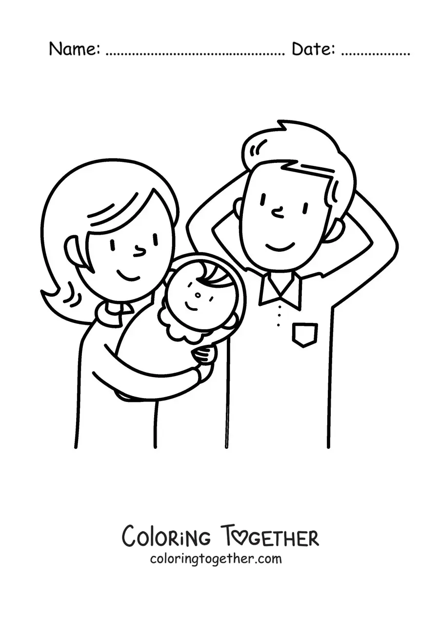 Coloring page of a nuclear family with a baby