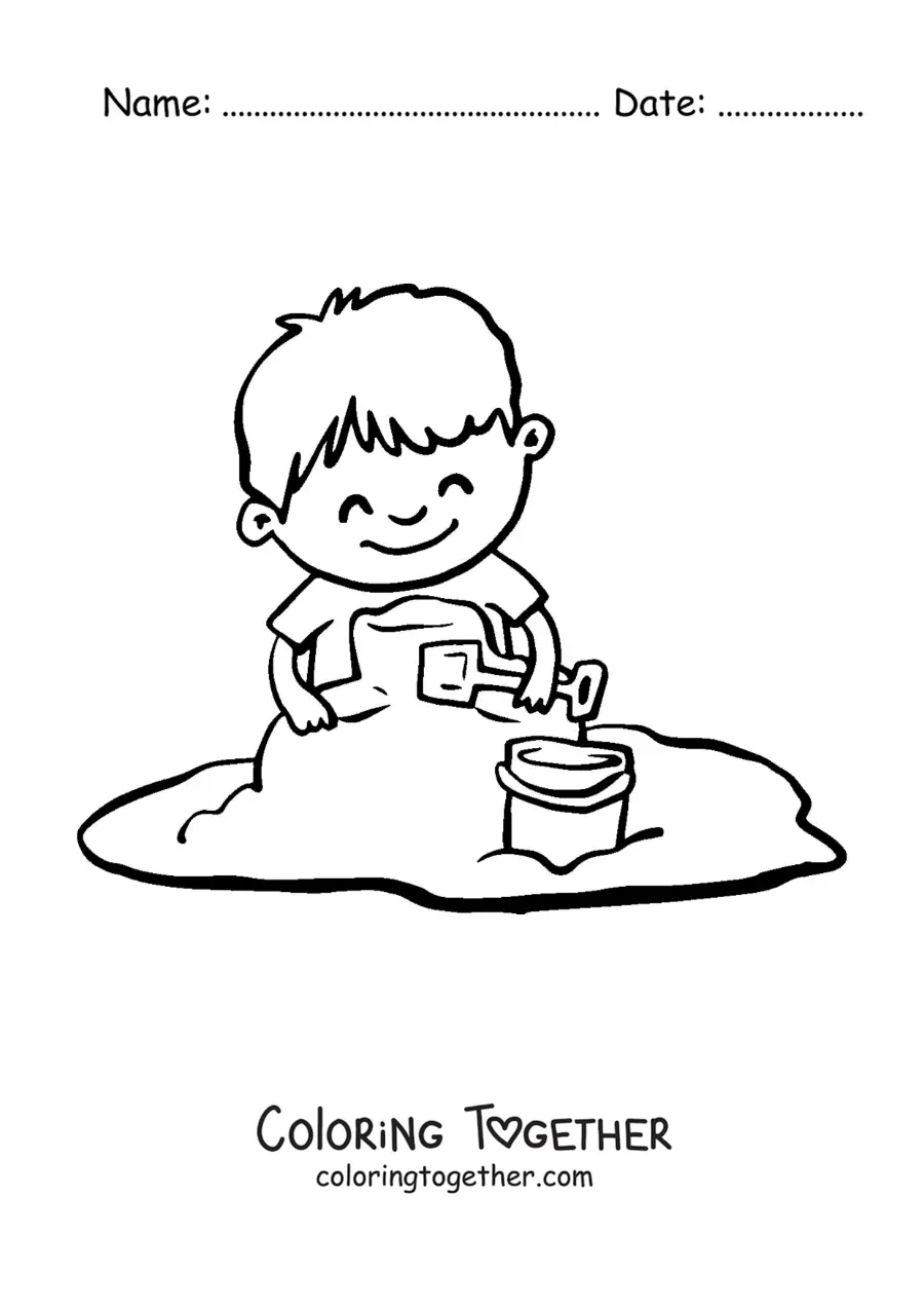 Coloring page of a boy playing in the sand