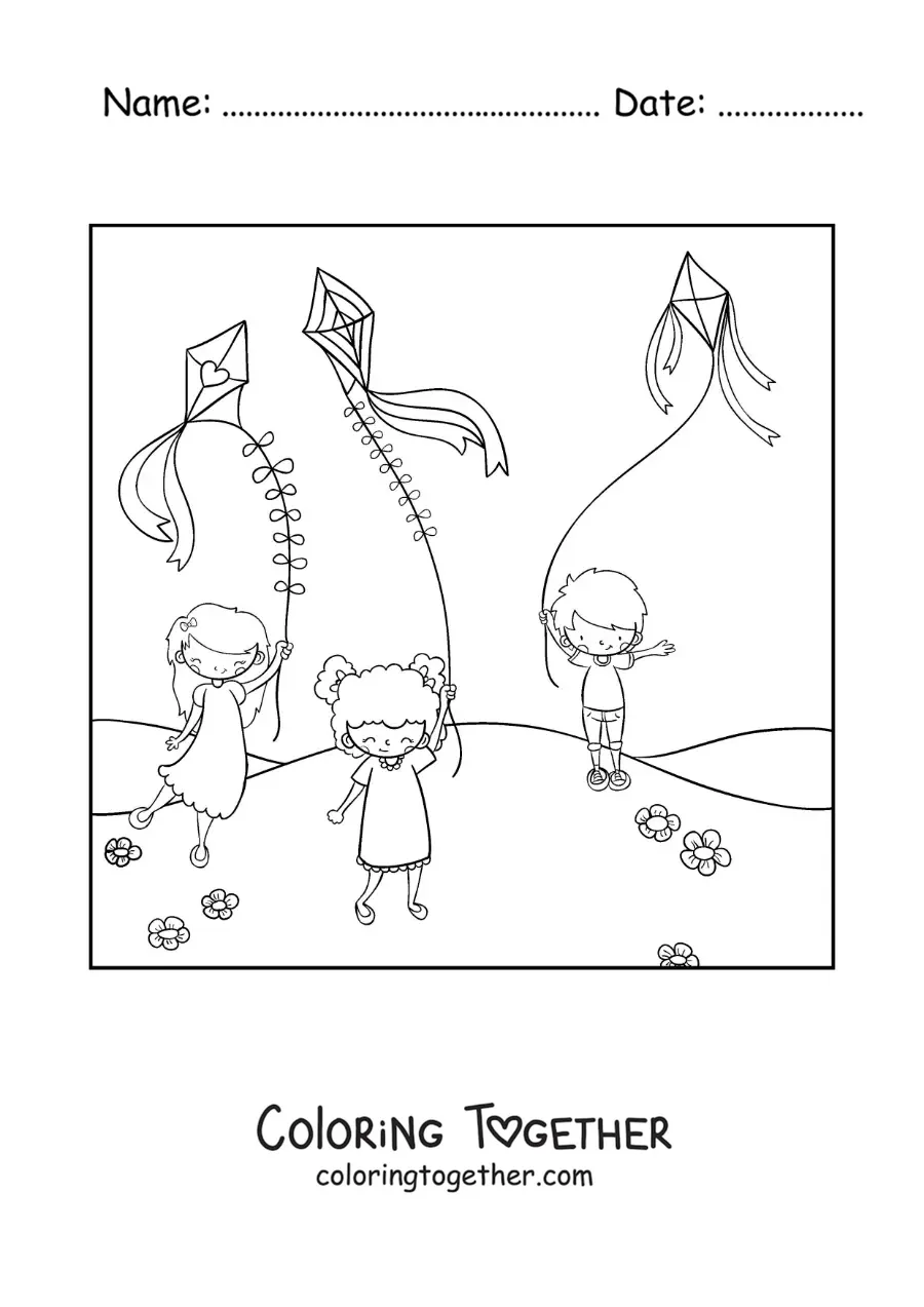 Coloring page of children flying kites in the park