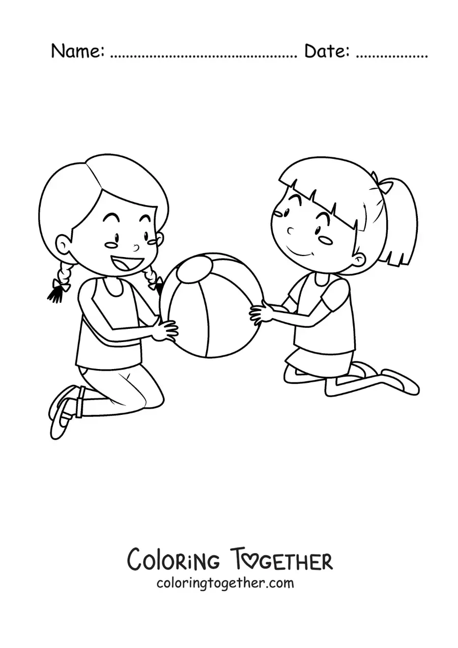 Coloring page of two girls playing with a ball
