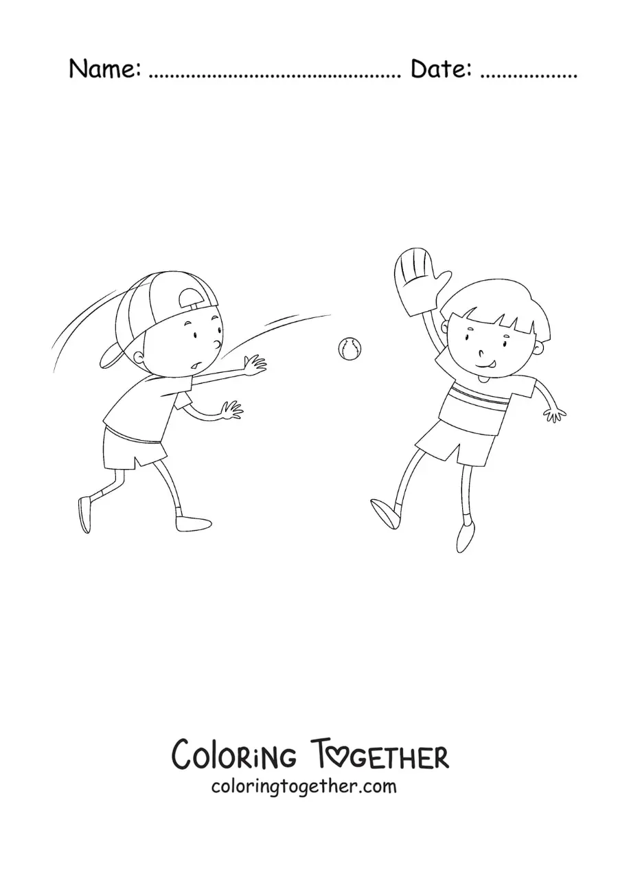 Coloring page of two kids playing baseball