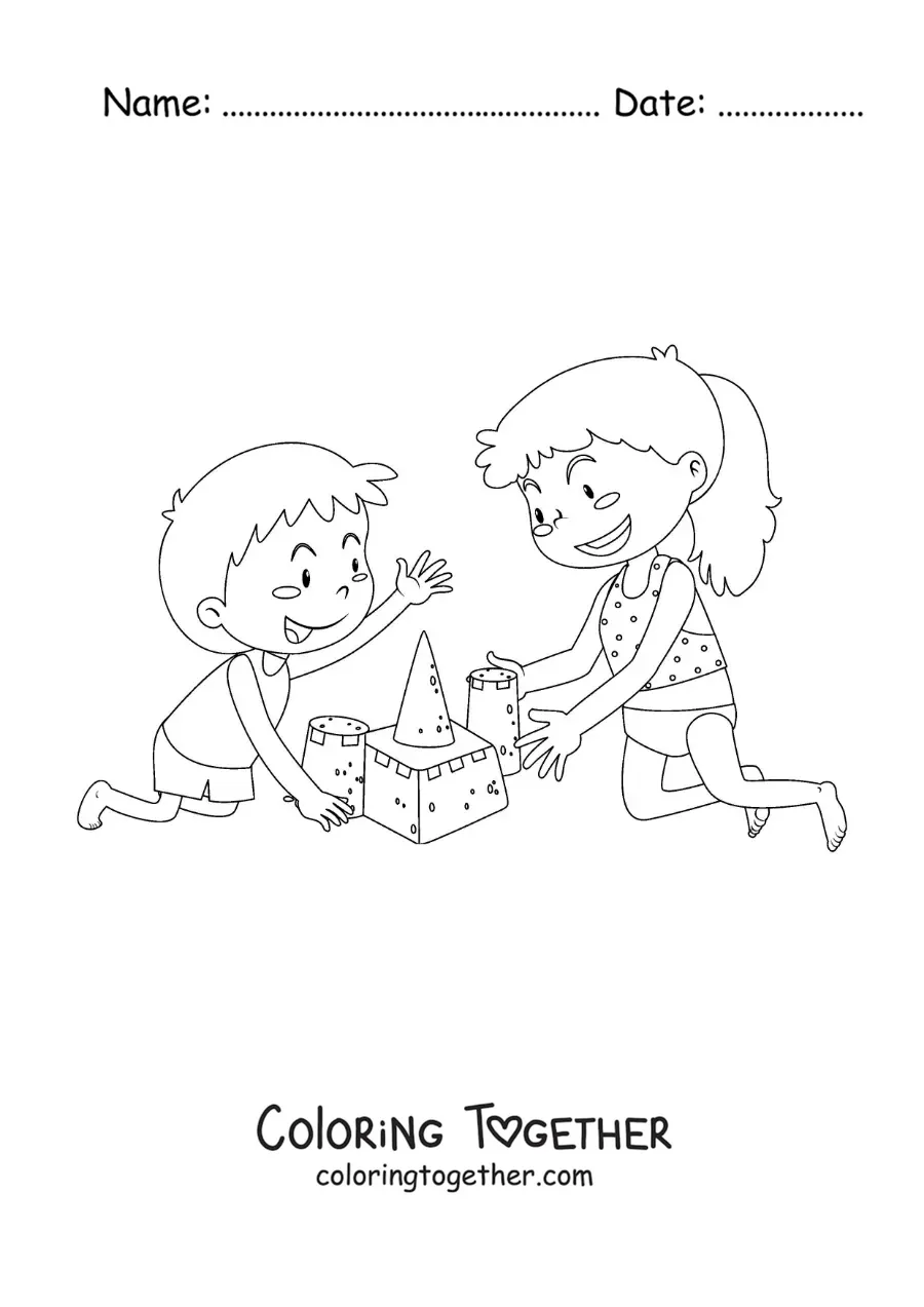 Coloring page of a girl and a boy playing on the beach