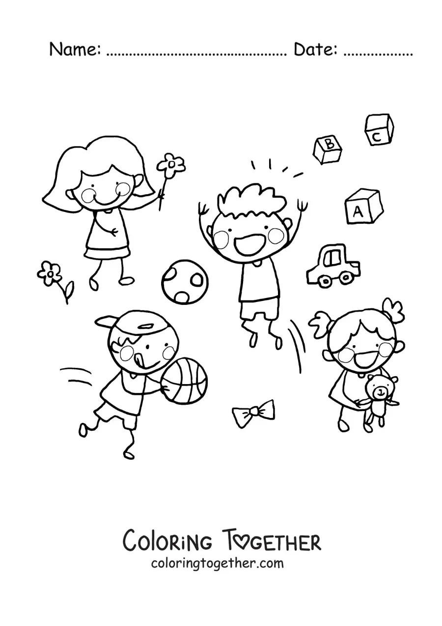 Coloring page of children with toys in the park