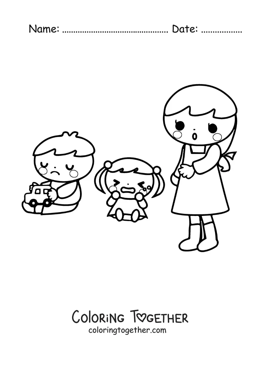 Coloring page of two kids playing in kindergarten with the teacher