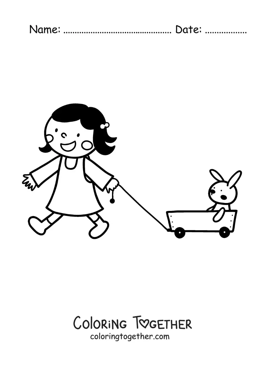 Coloring page of a girl playing with her plush rabbit