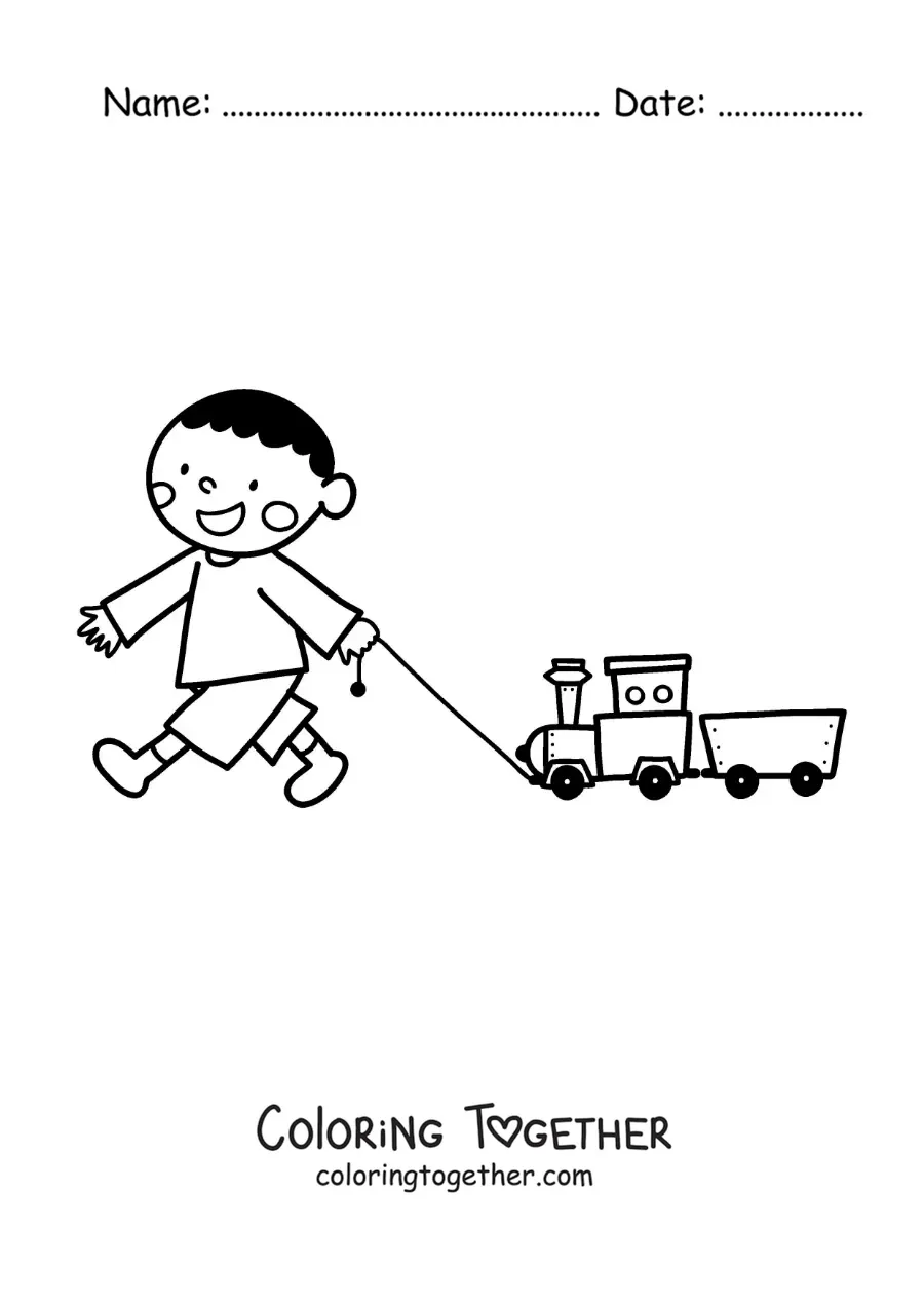 Coloring page of a boy playing with his toy train