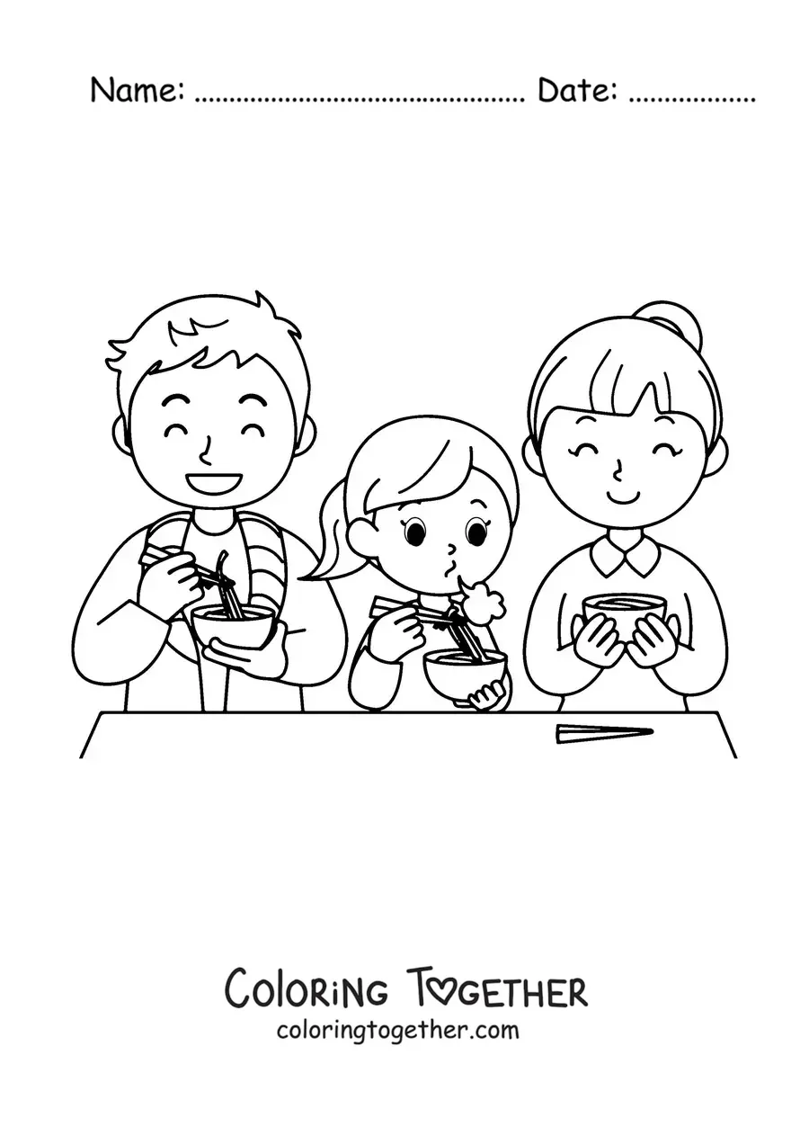 Coloring page of a nuclear family having noodles for dinner