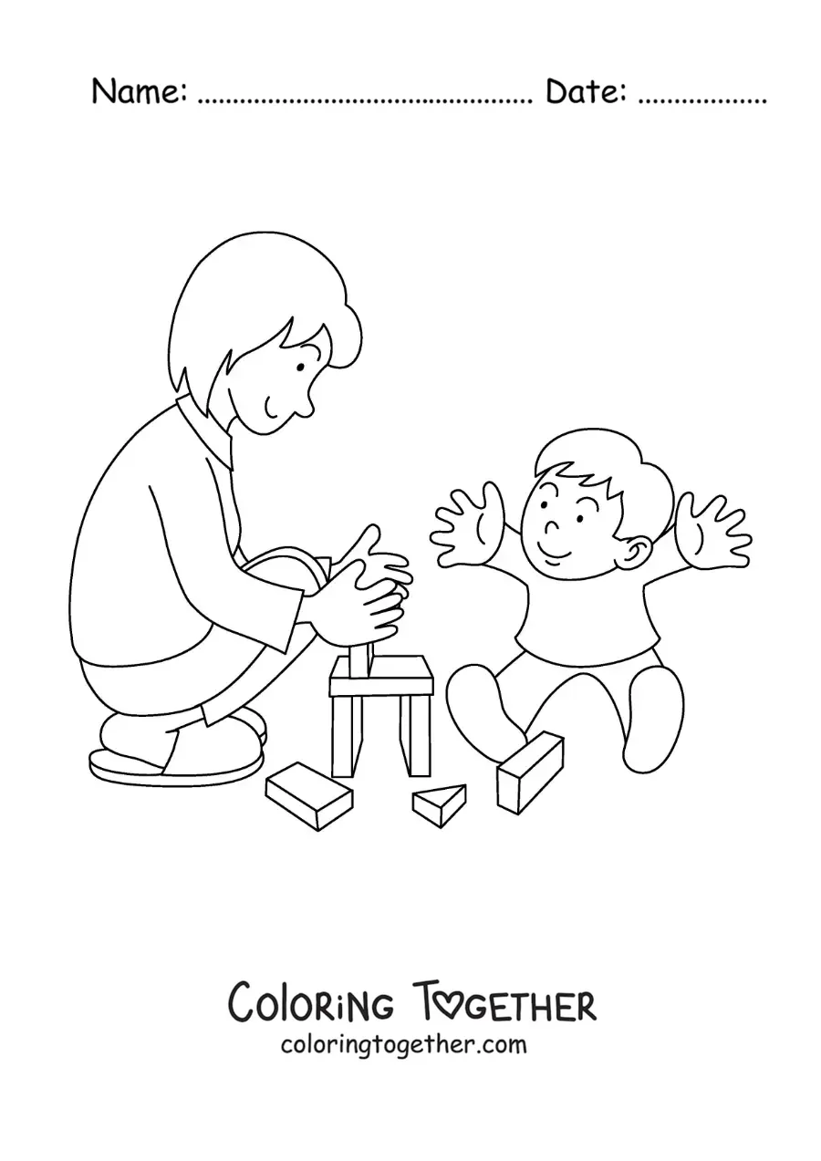 Coloring page of a mother playing with her little son
