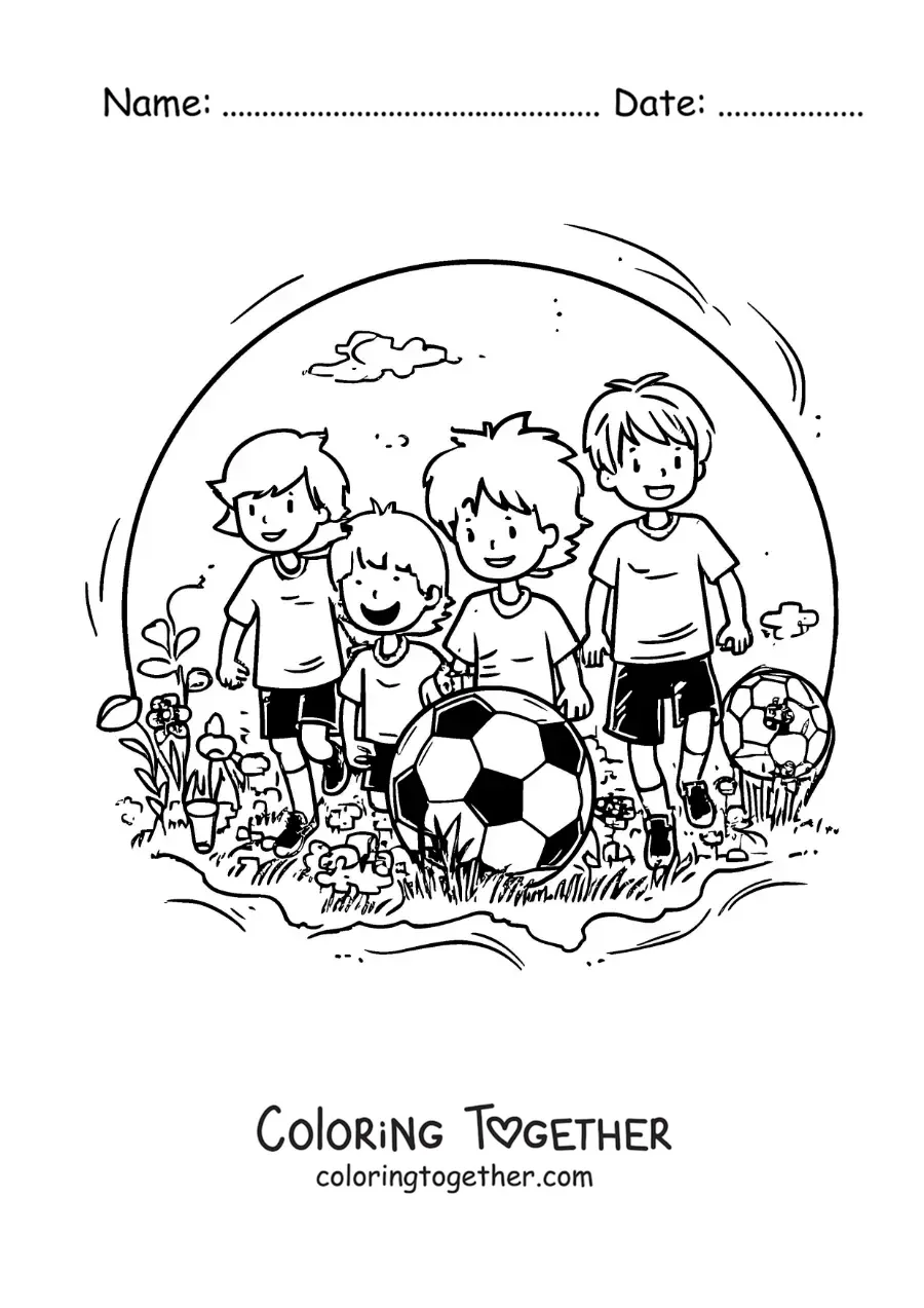 Coloring page of a group of kids playing soccer