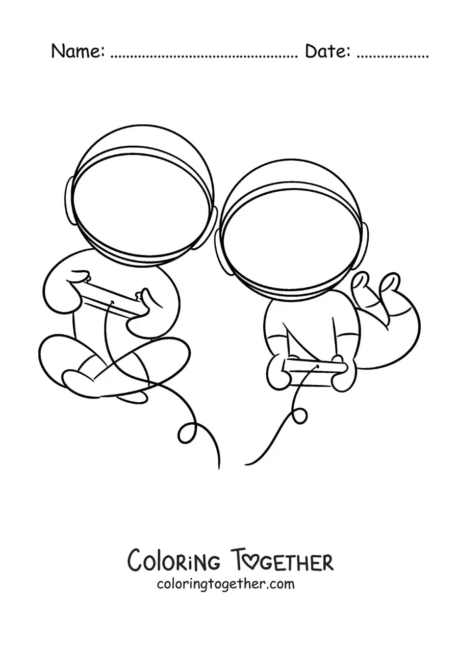 Coloring page of two animated astronauts playing video games