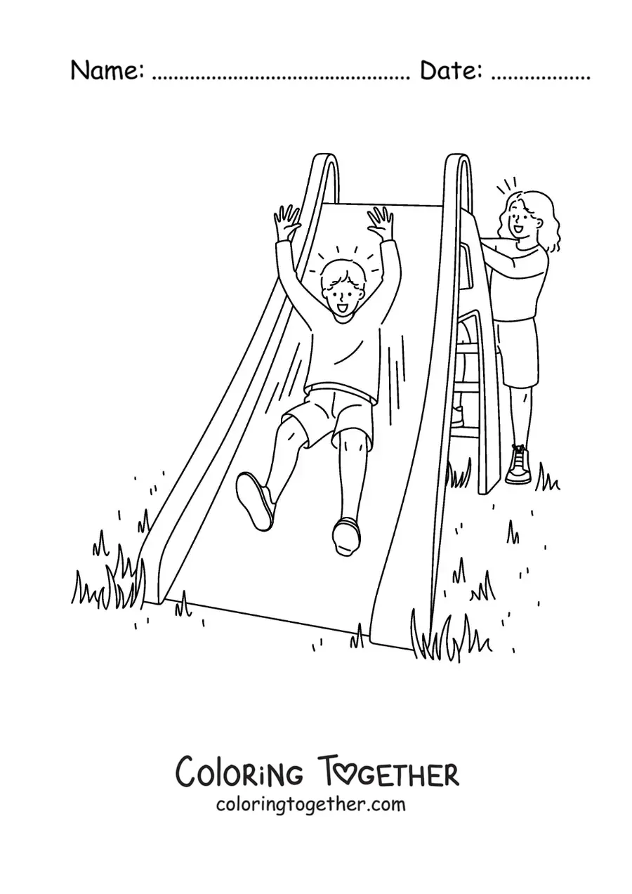 Coloring page of two kids playing on a slide