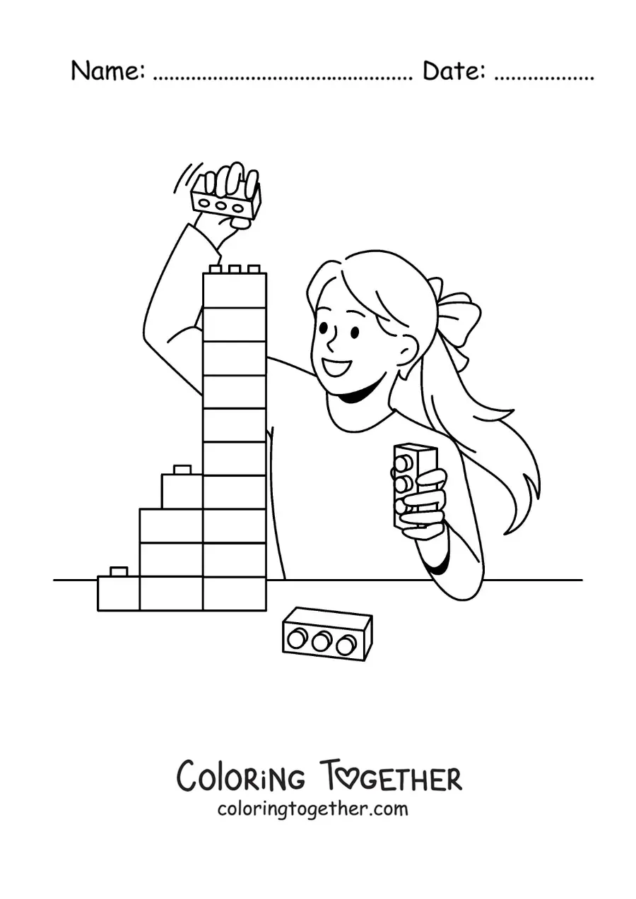 Coloring page of a girl playing with toy blocks