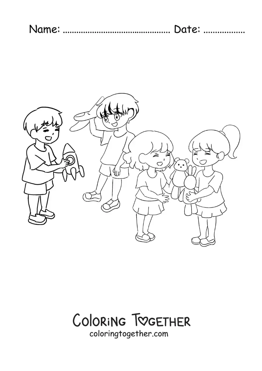 Coloring page of boys and girls playing with toys at school