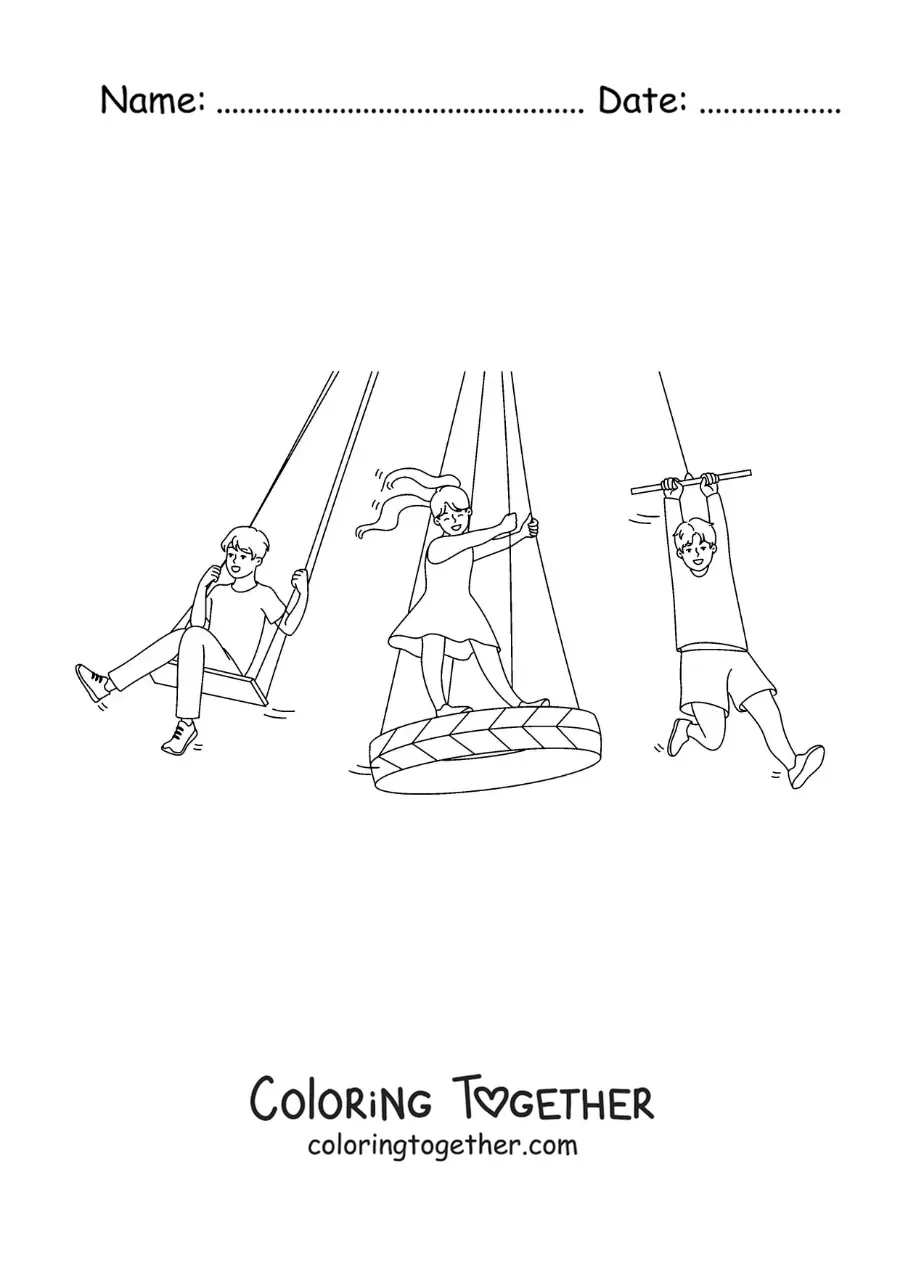 Coloring page of children playing on the swings at the park