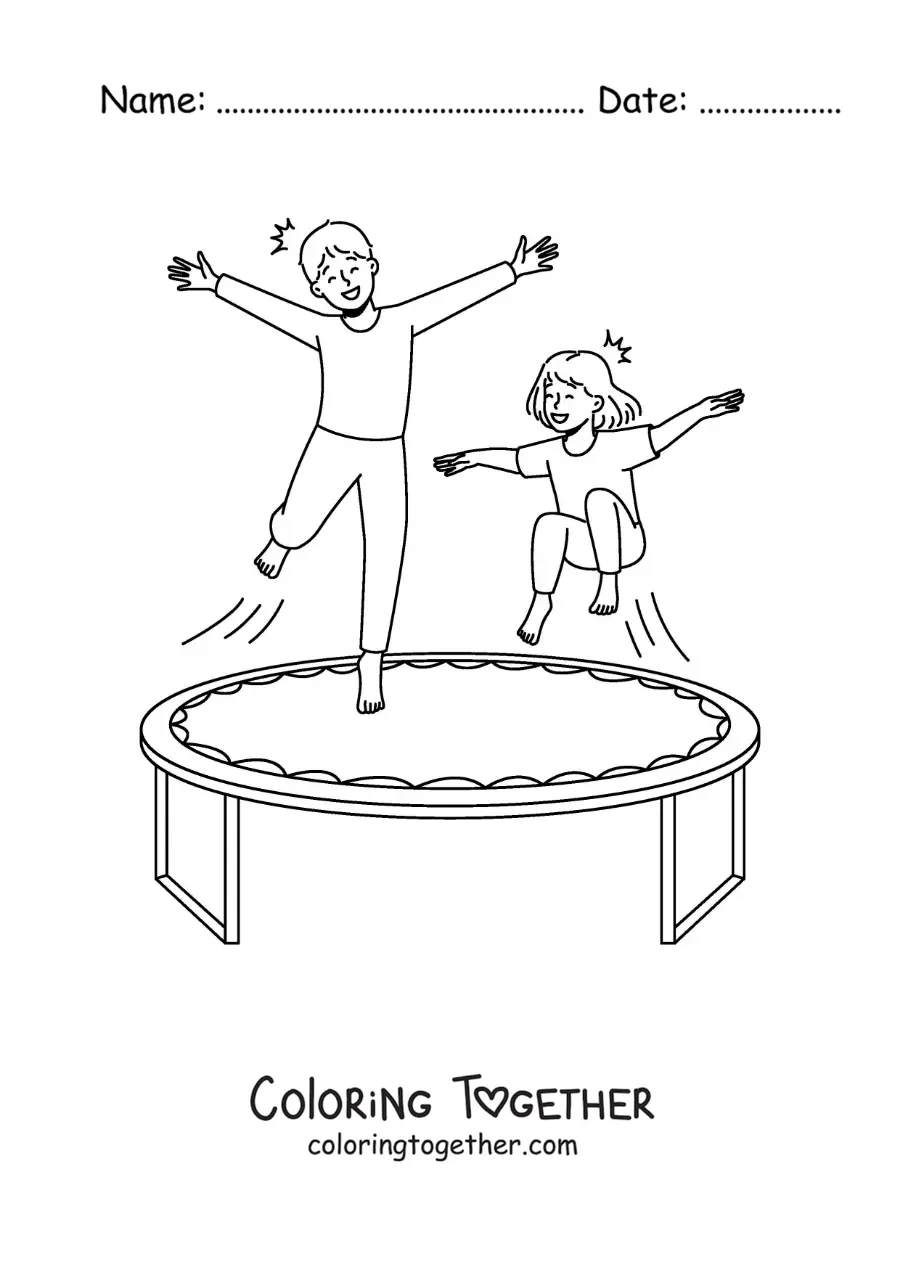 Coloring page of children playing on a trampoline