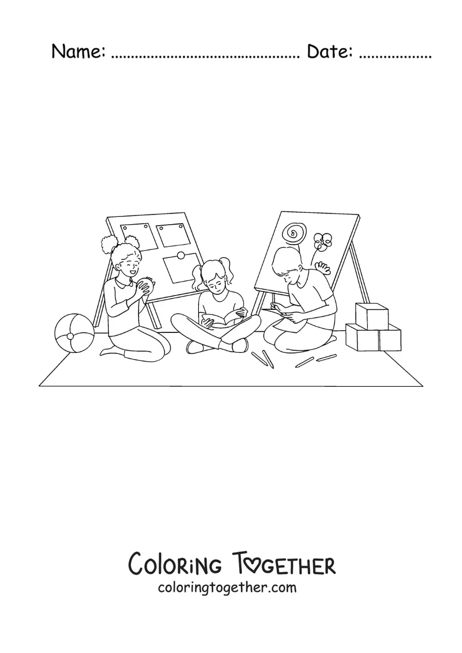 Coloring page of children playing and studying at school