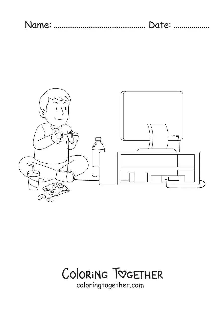 Coloring page of a boy sitting and playing video games in front of the TV
