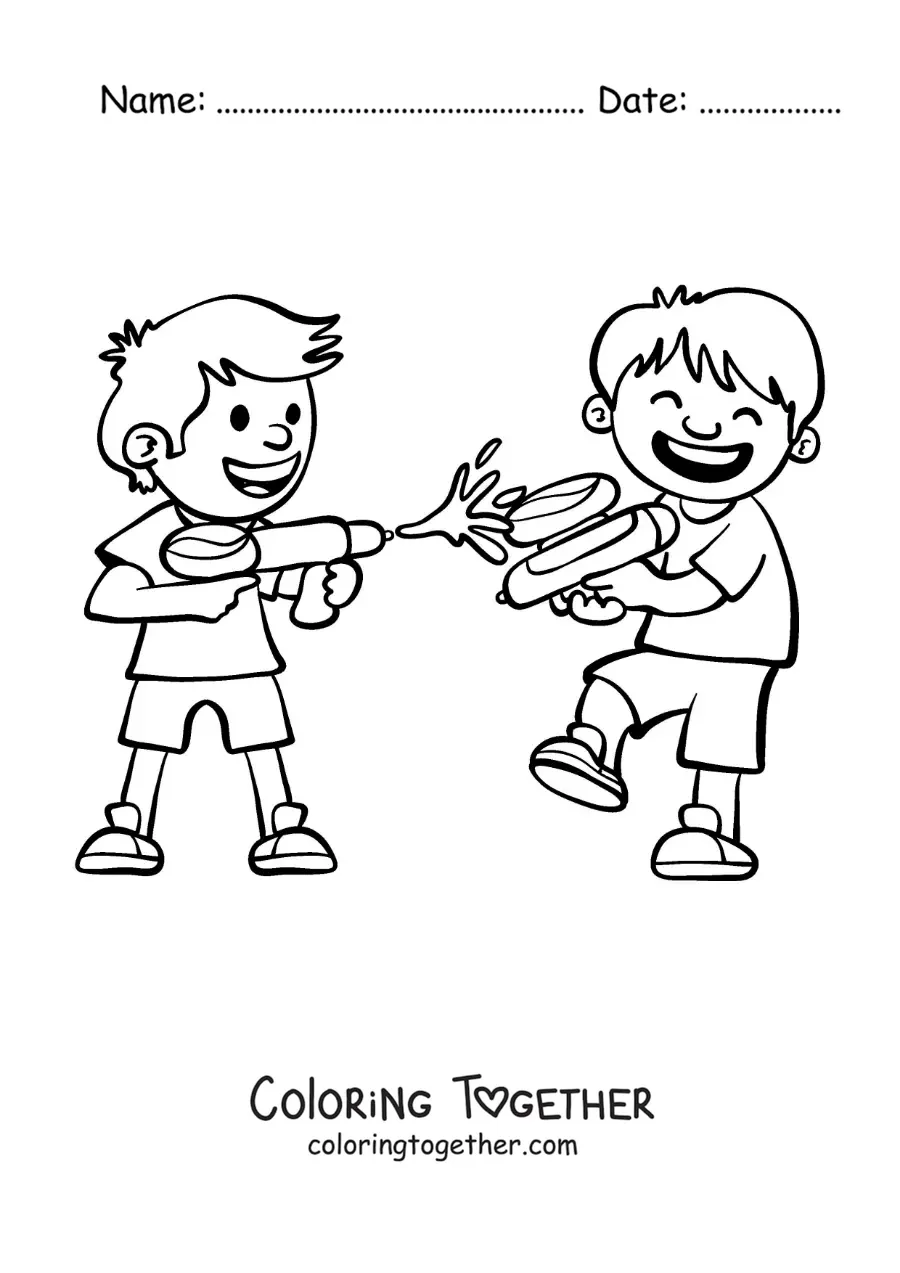 Coloring page of two friends playing with water guns