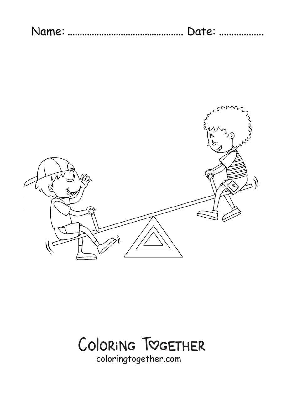 Coloring page of two friends playing on a seesaw