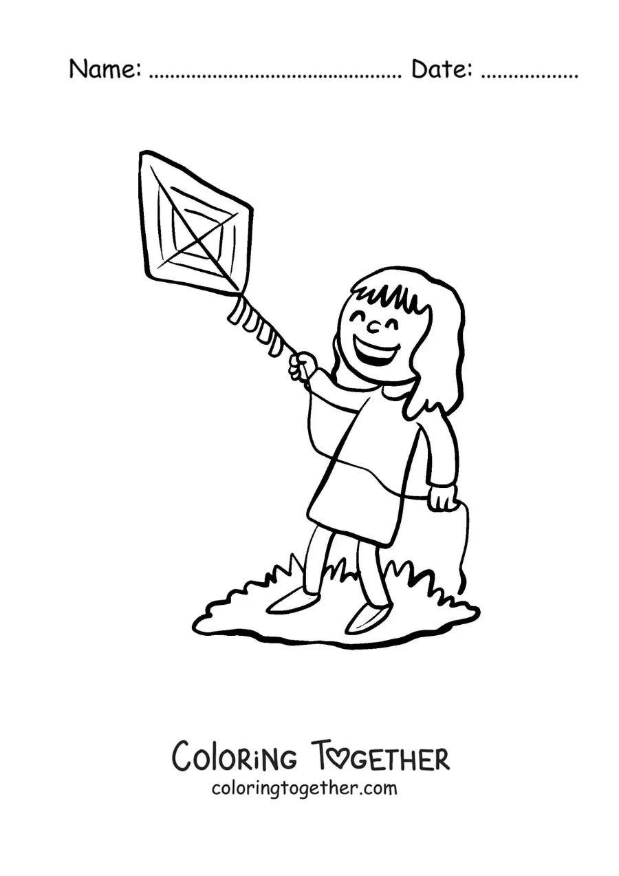 Coloring page of a girl playing with a kite