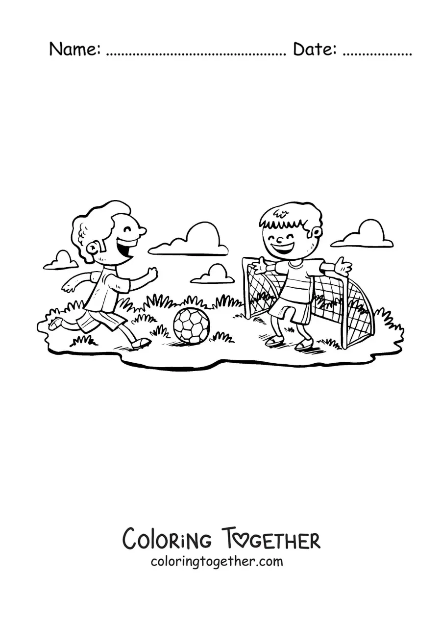 Coloring page of two animated kids playing soccer in the park