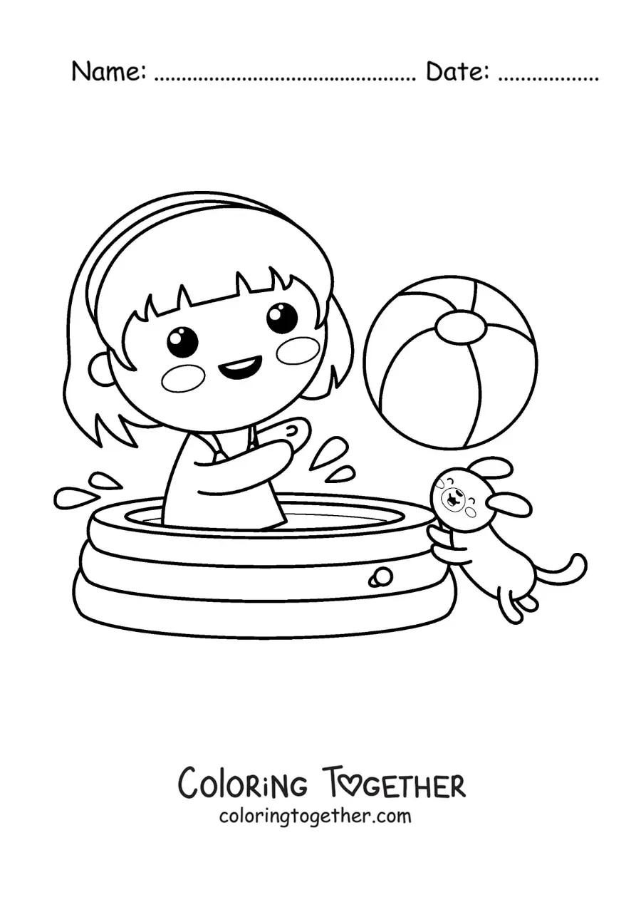 Coloring page of a kawaii girl playing with a ball in the pool