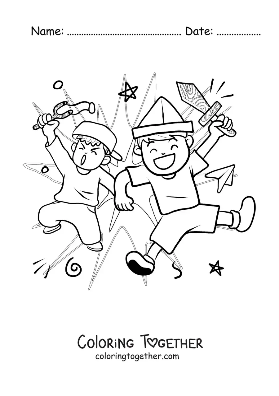Coloring page of two friends playing with toys