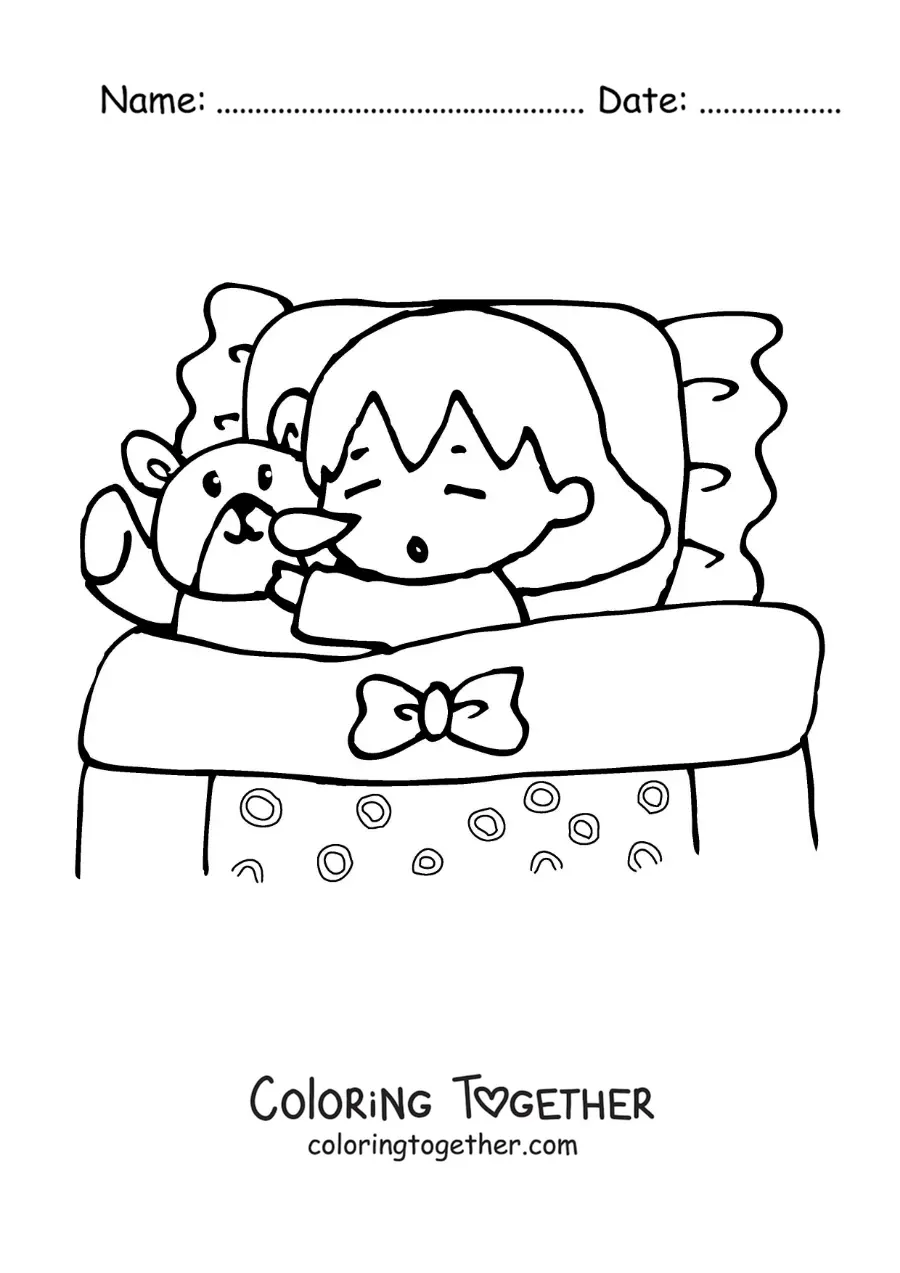 Coloring page of a girl sleeping with her teddy bear in bed