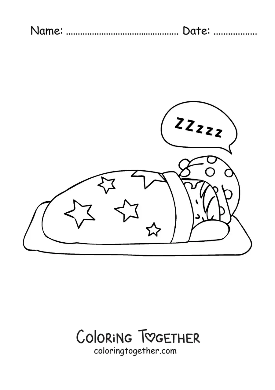 Coloring page of a boy in pajamas sleeping in his bed
