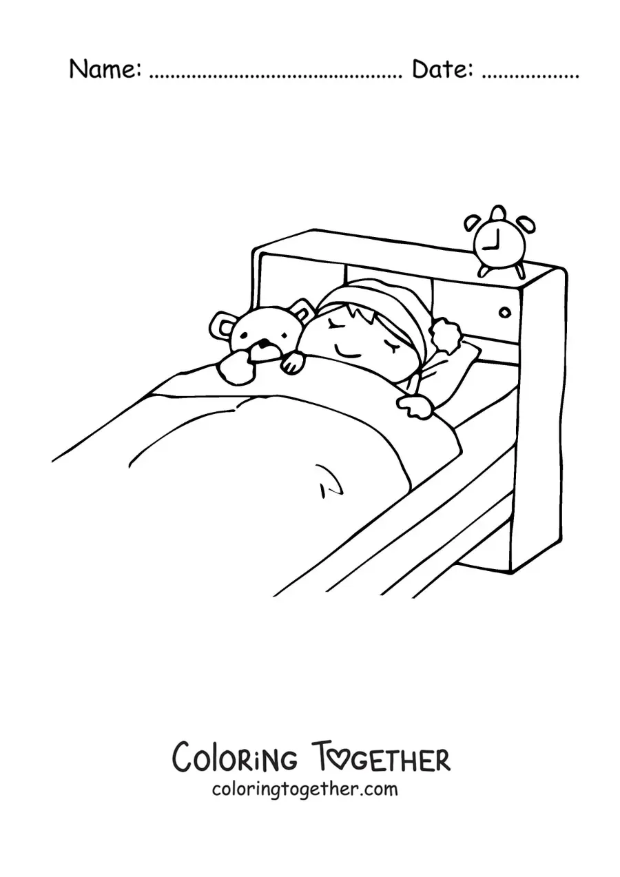 Coloring page of a girl sleeping in her room