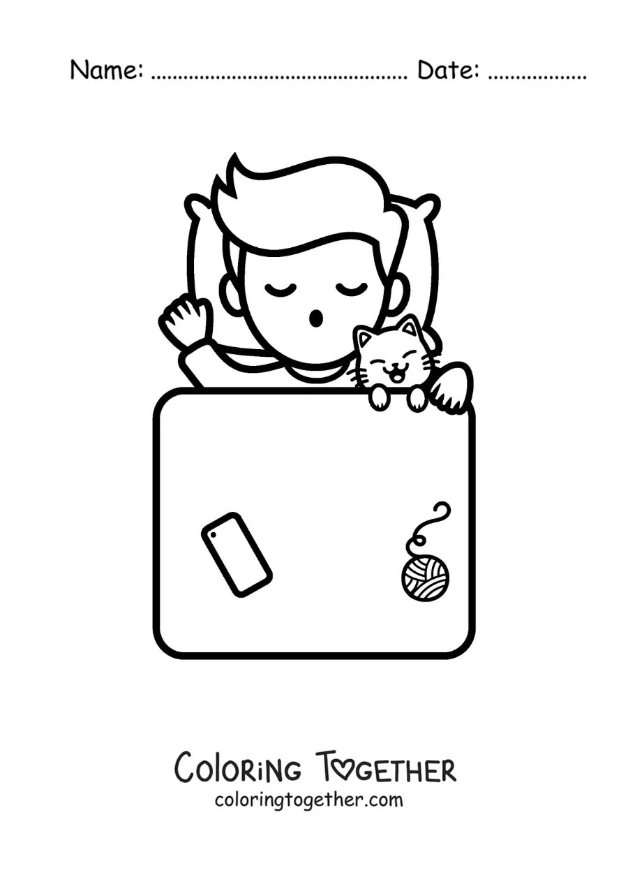 Coloring page of a boy sleeping with his cat