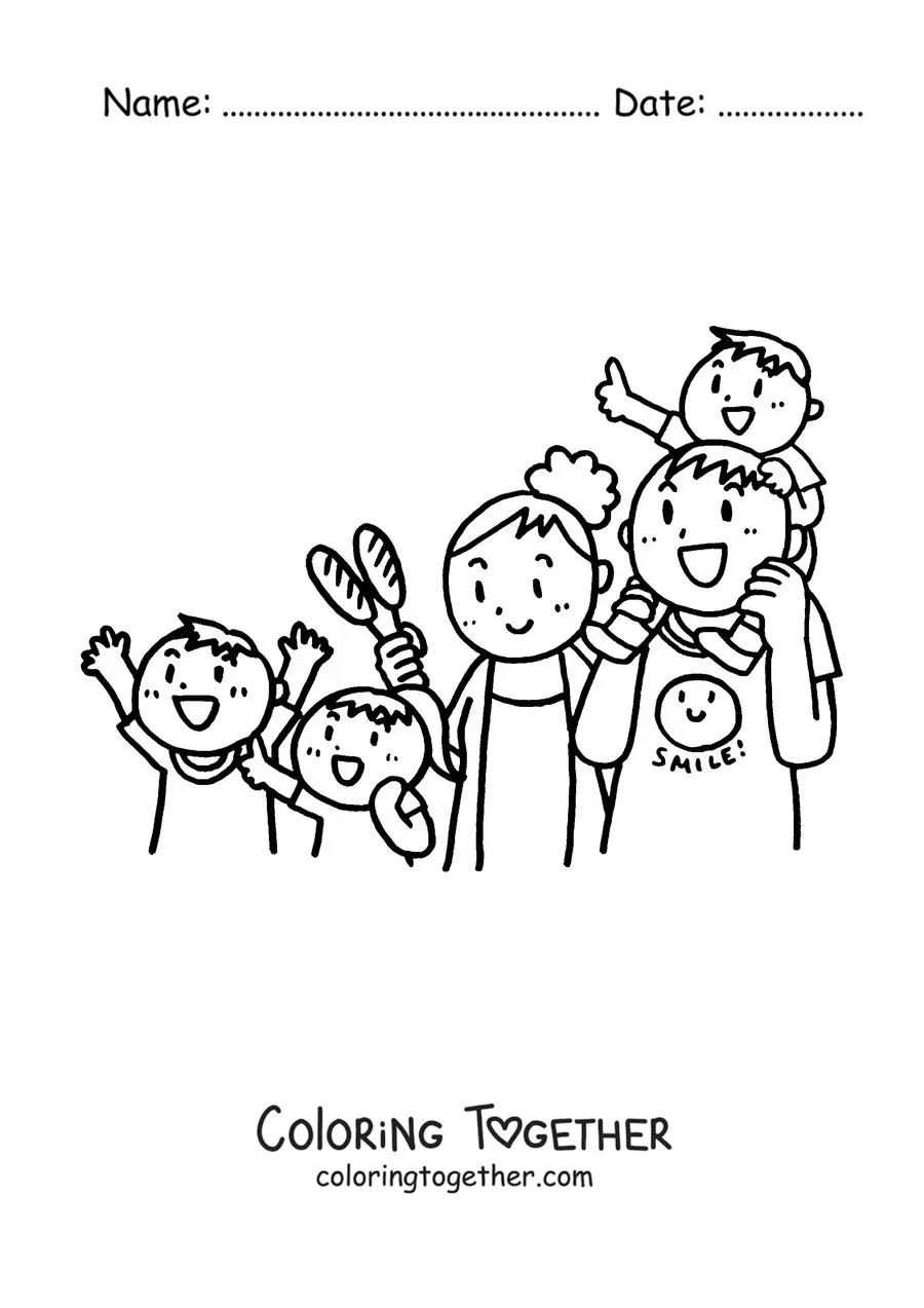 Coloring page of a family with two parents and three children