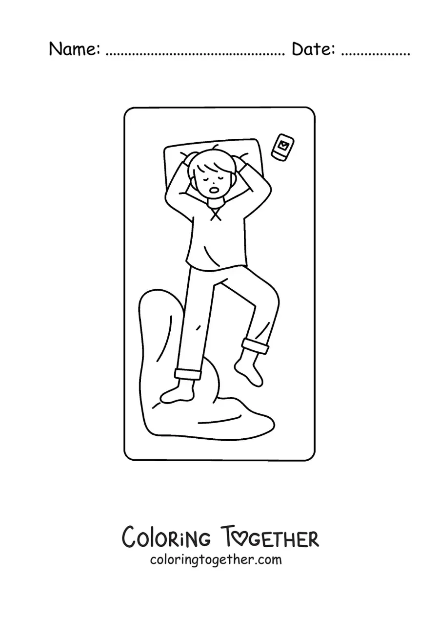 Coloring page of a boy asleep in his bed next to his phone